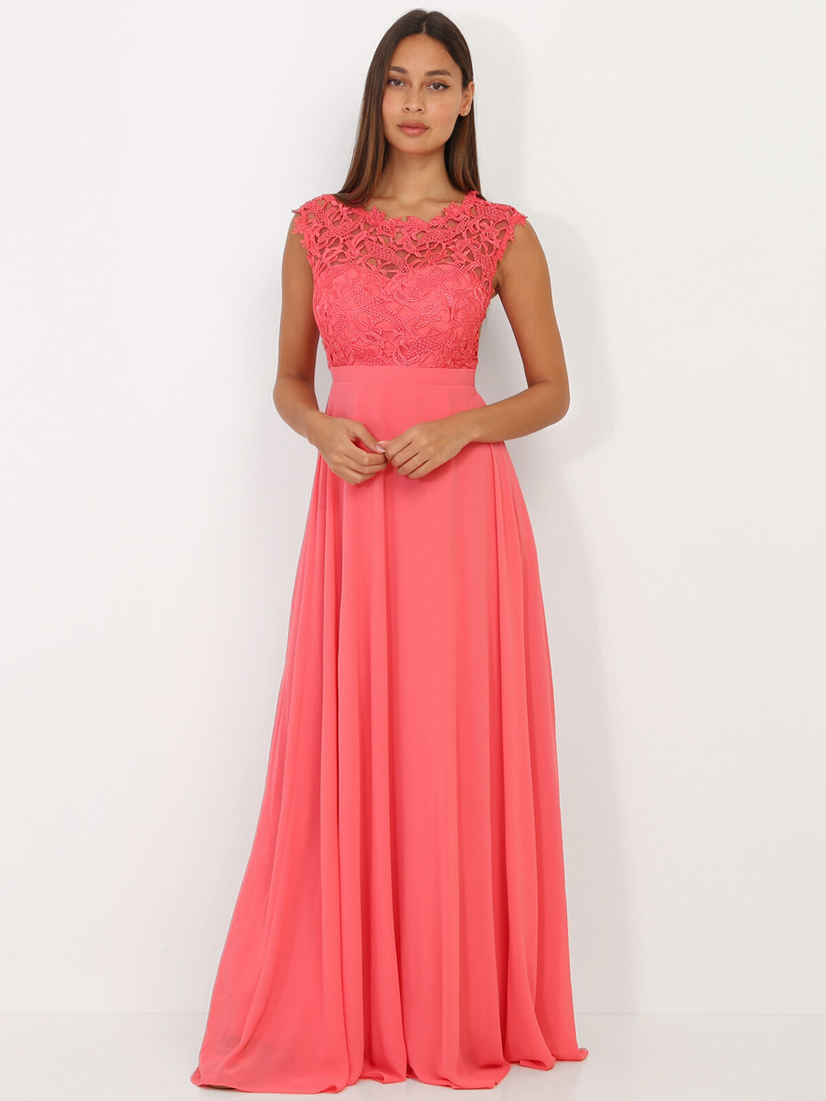 Robe longue à dentelle- Corail