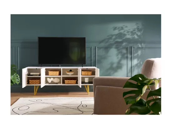 Meuble TV design gravé blanc et métal doré L140 cm OZEN
