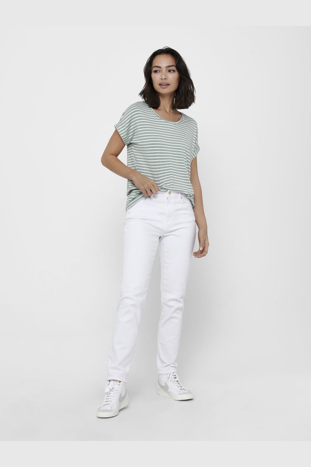 Only Onlmoster Stripe S/S O-Neck Top 3562253 jadeite cloud dancer