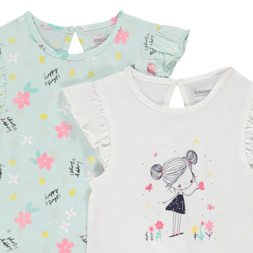 Lot de 4 t-shirts manches courtes volantées en jersey pour bébé fille - Ecru