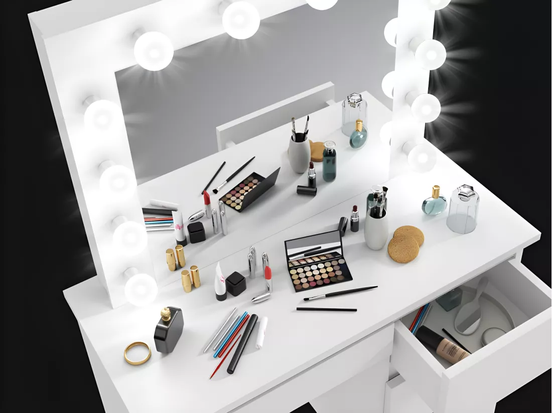 Coiffeuse avec 4 tiroirs et miroir LED coloris blanc - H75 x L94 x P43 cm