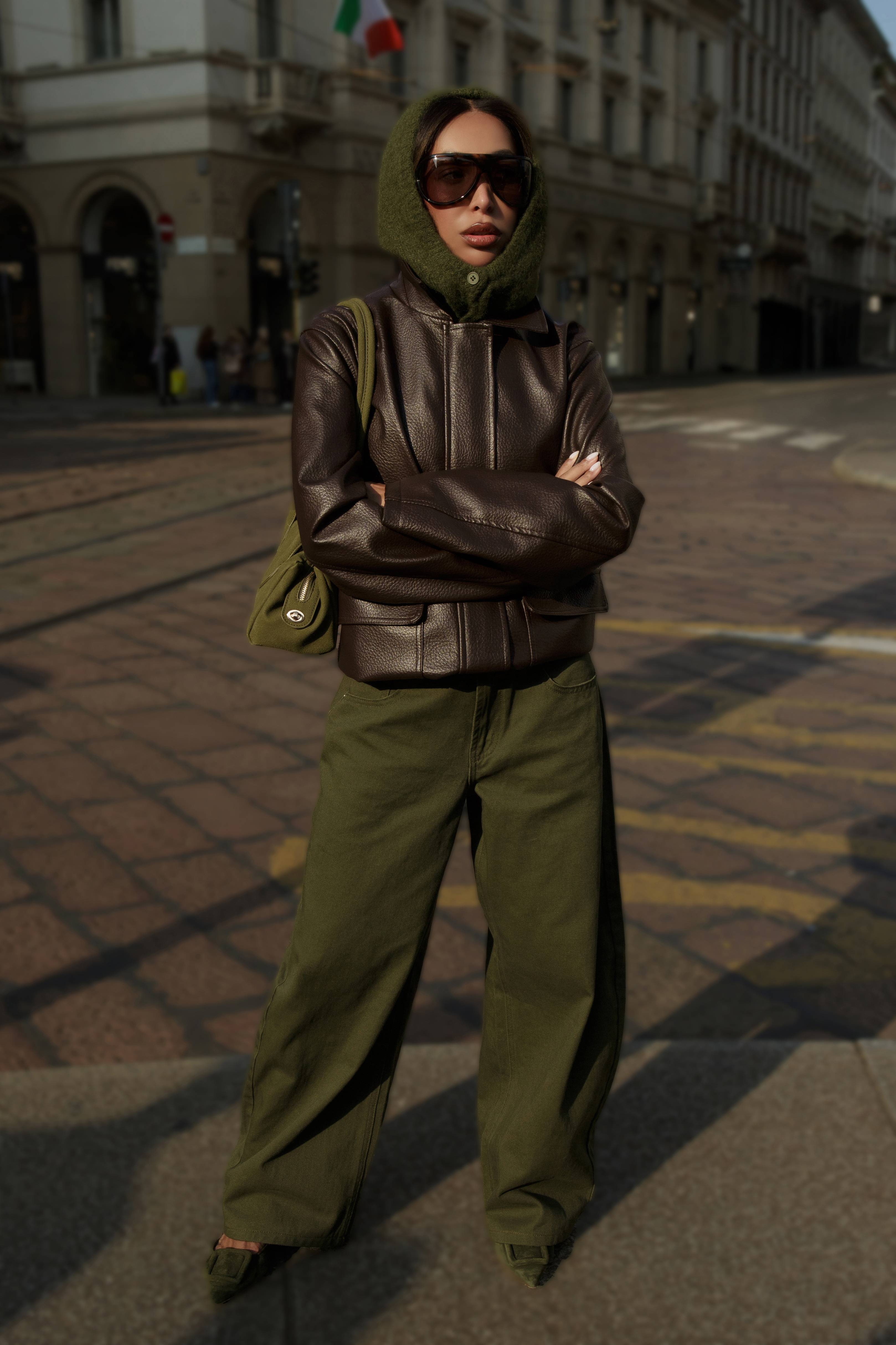 Dark Khaki Jean Droit Taille Mi-haute Vintage