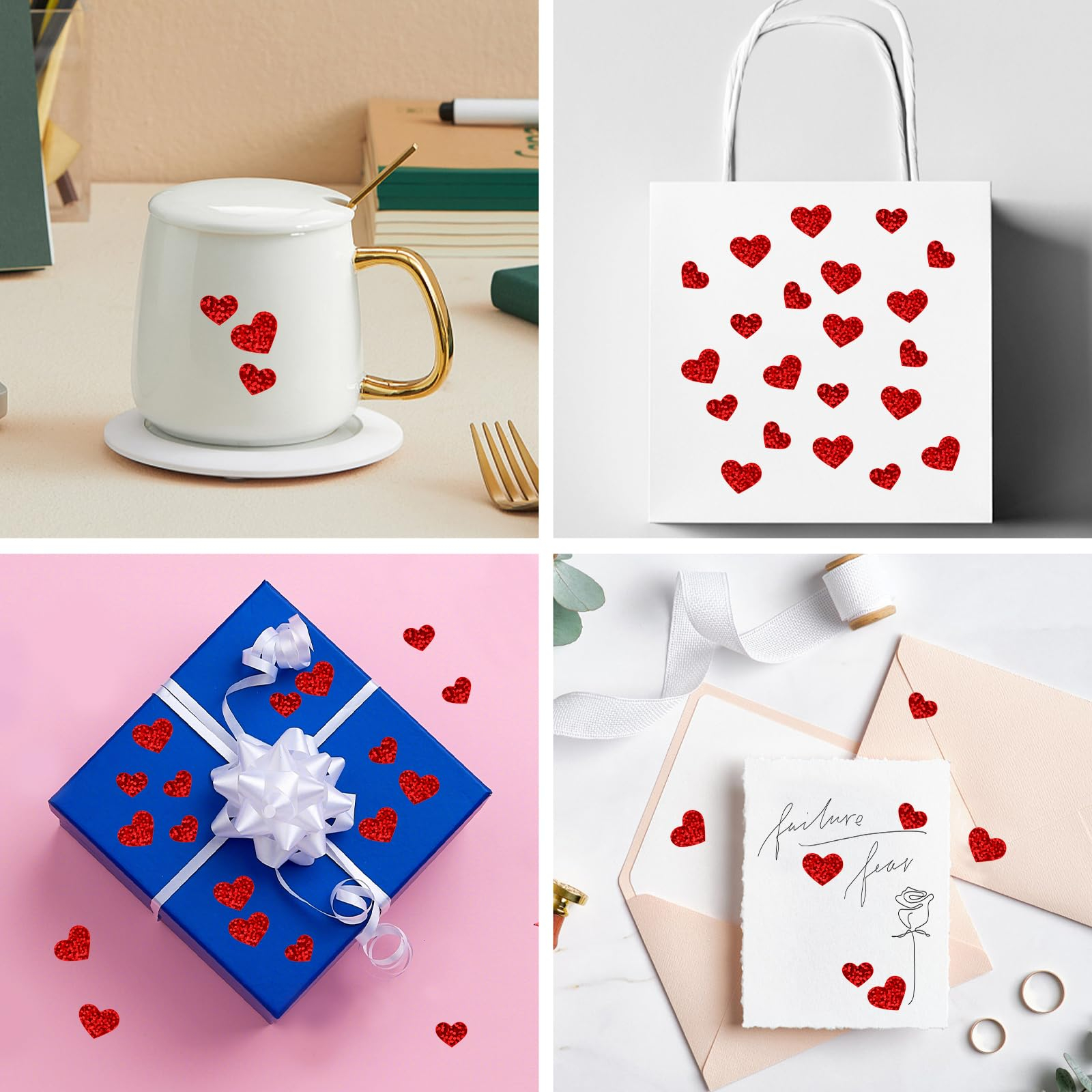 (1140er Set) 10-20mm Herz Aufkleber Heart Sticker Selbstklebende Etiketten in Glitzer Optik - Rot