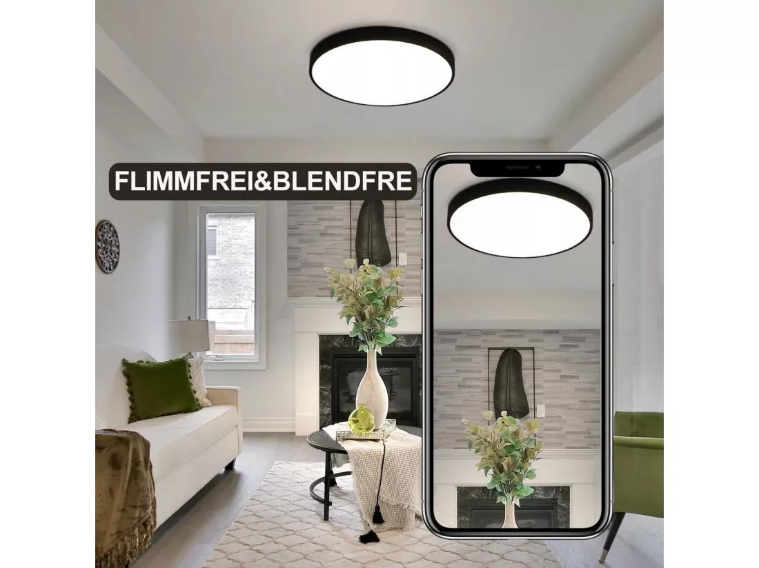 NETTLIFE Plafonnier LED IP44 4000K Noir 28cm Rond 17W Chambre Plat Lampe de Salle de Bain pour Cuisine Salle de Bain Couloir