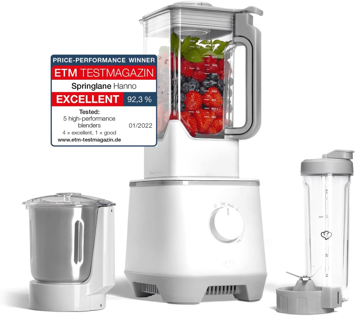 SPRINGLANE Hochleistungsmixer Hanno 2000 W, 32.000 U/min, 4 Programme, Selbstreinigungsfunktion, Standmixer mit 2,5 L Tritan-Behälter ohne BPA, inkl. Edelstahlmixbehälter & To-Go-Mixflasche