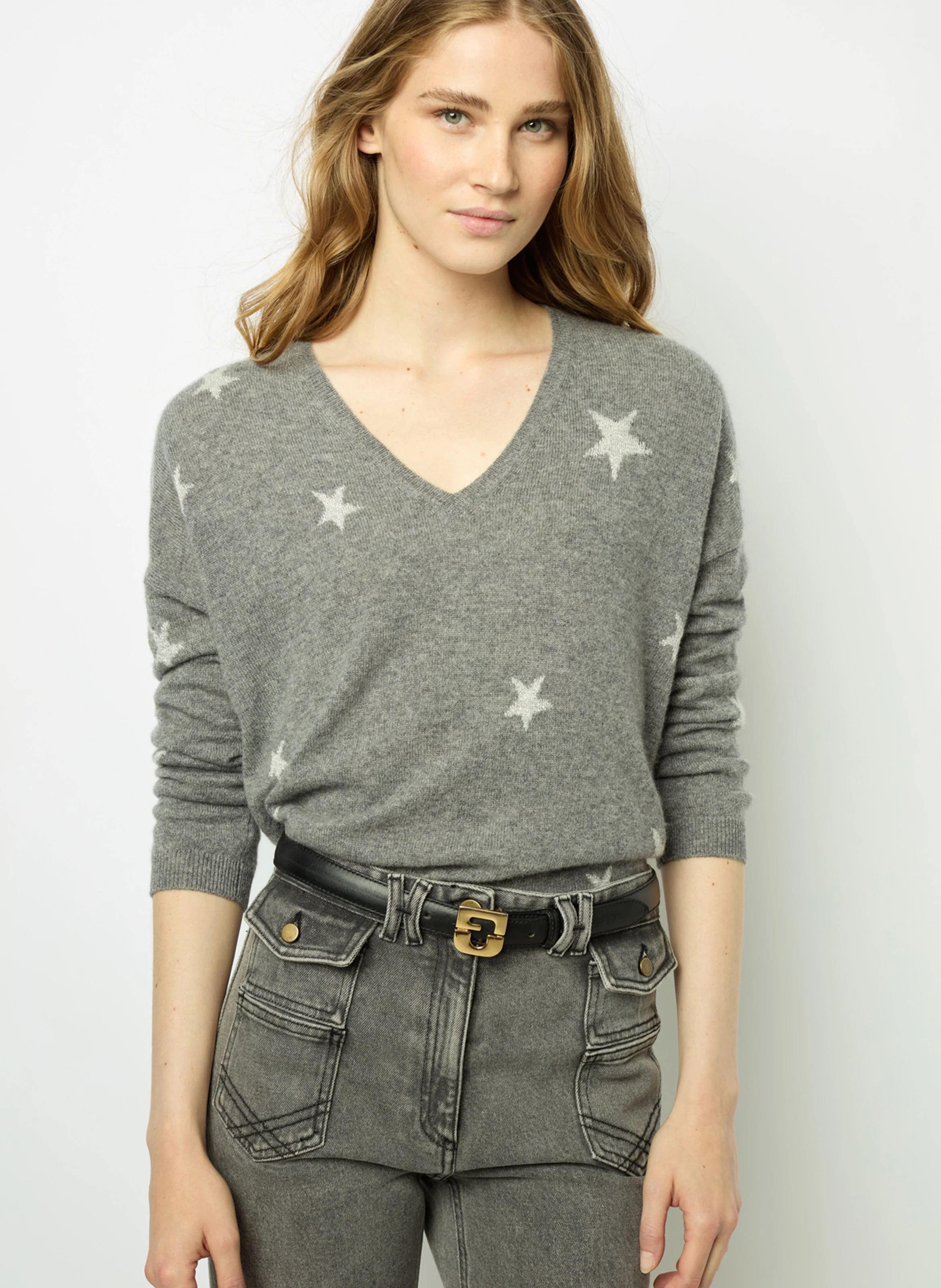 JODELLE - Pull col V en cachemire | Gris