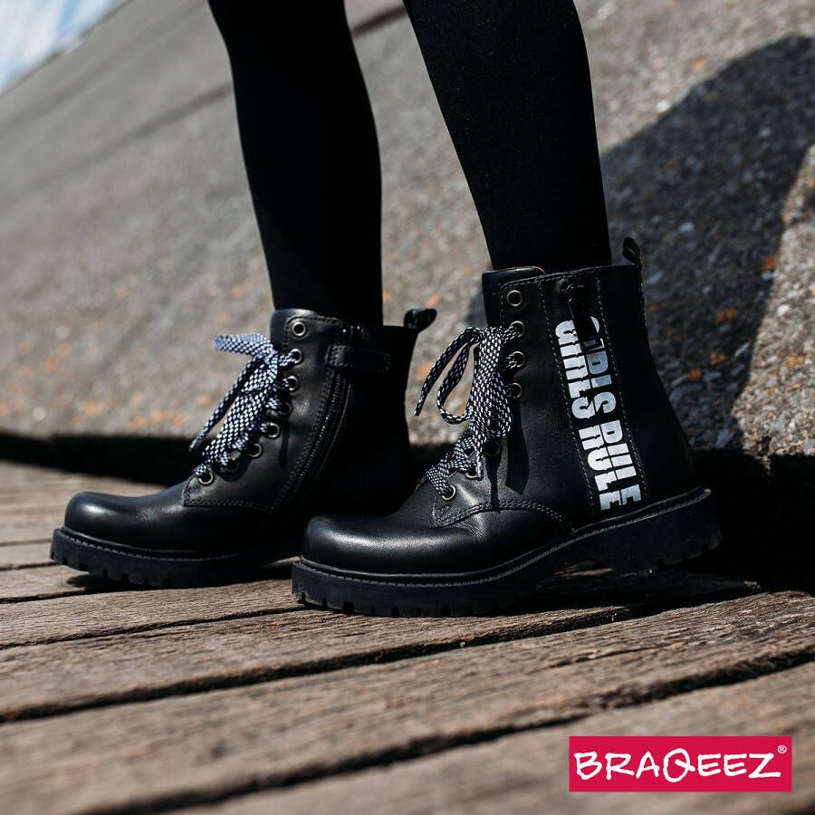 Braqeez 421773 489 Meisjes Biker Boots Zwart Leer Veters