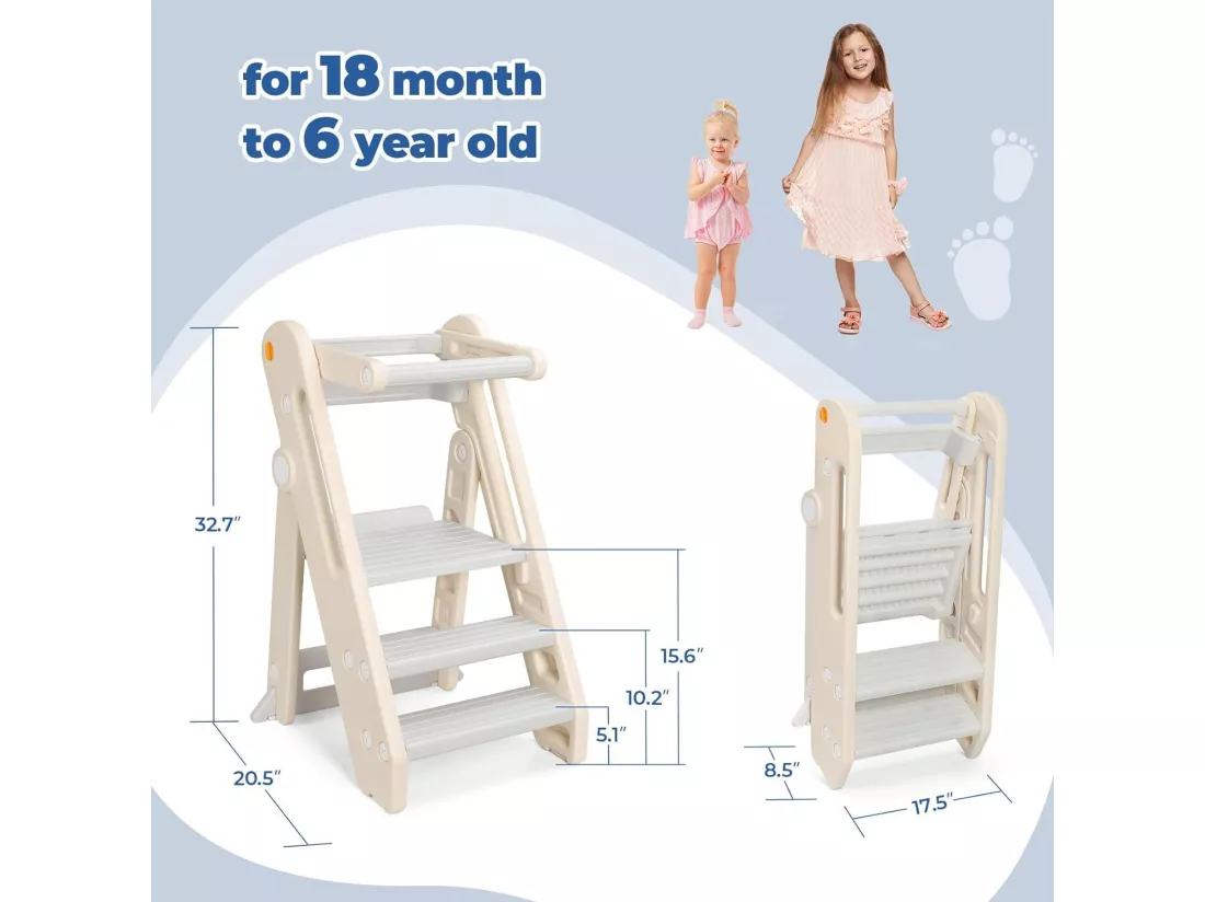 Onasti Chaise Haute Bébé HDPE,Tour d'Apprentissage 18 mois-6 ans Hauteur Réglable,Repose-pieds Antidérapants,Pliable,Sécurité - Gris
