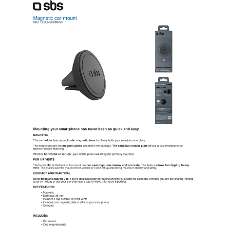 SBS magnetisk mobilholder til bilen - sort