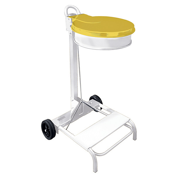 Support sac blanc mobile à pédale 110 litres, couvercle jaune