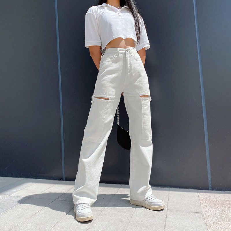 Sosana - Hoge taille rechte jeans met distressed pijpen