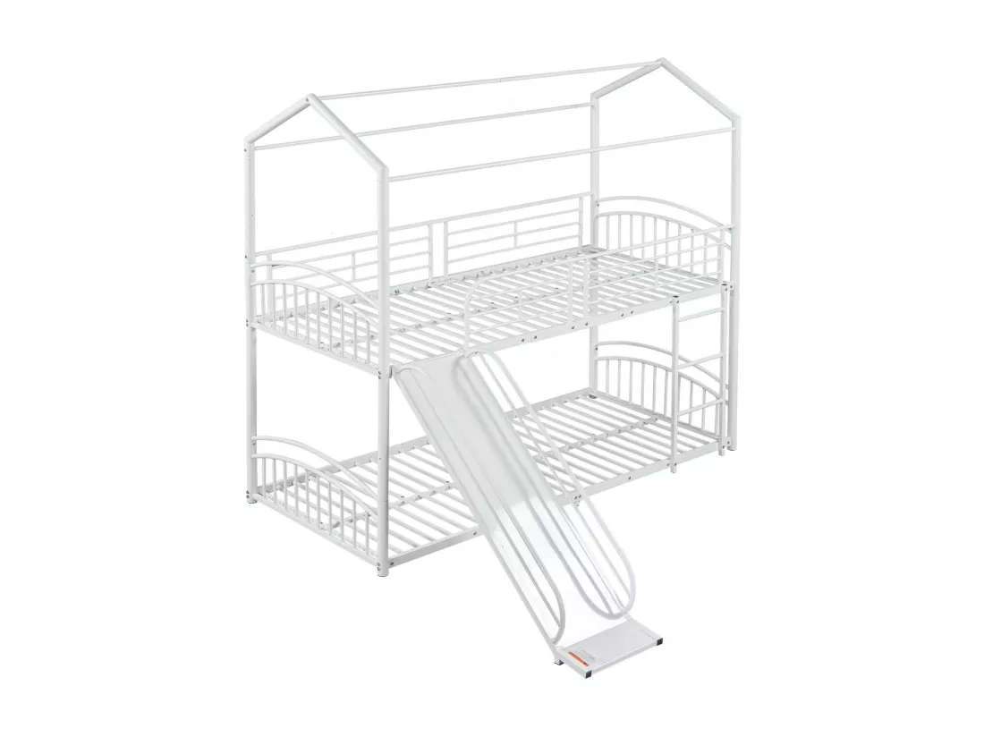 Lits superposés cabane 2 x 90 x 200 cm - avec toboggan - métal - EN747 certifié - Blanc - peut divisé en deux lits simples