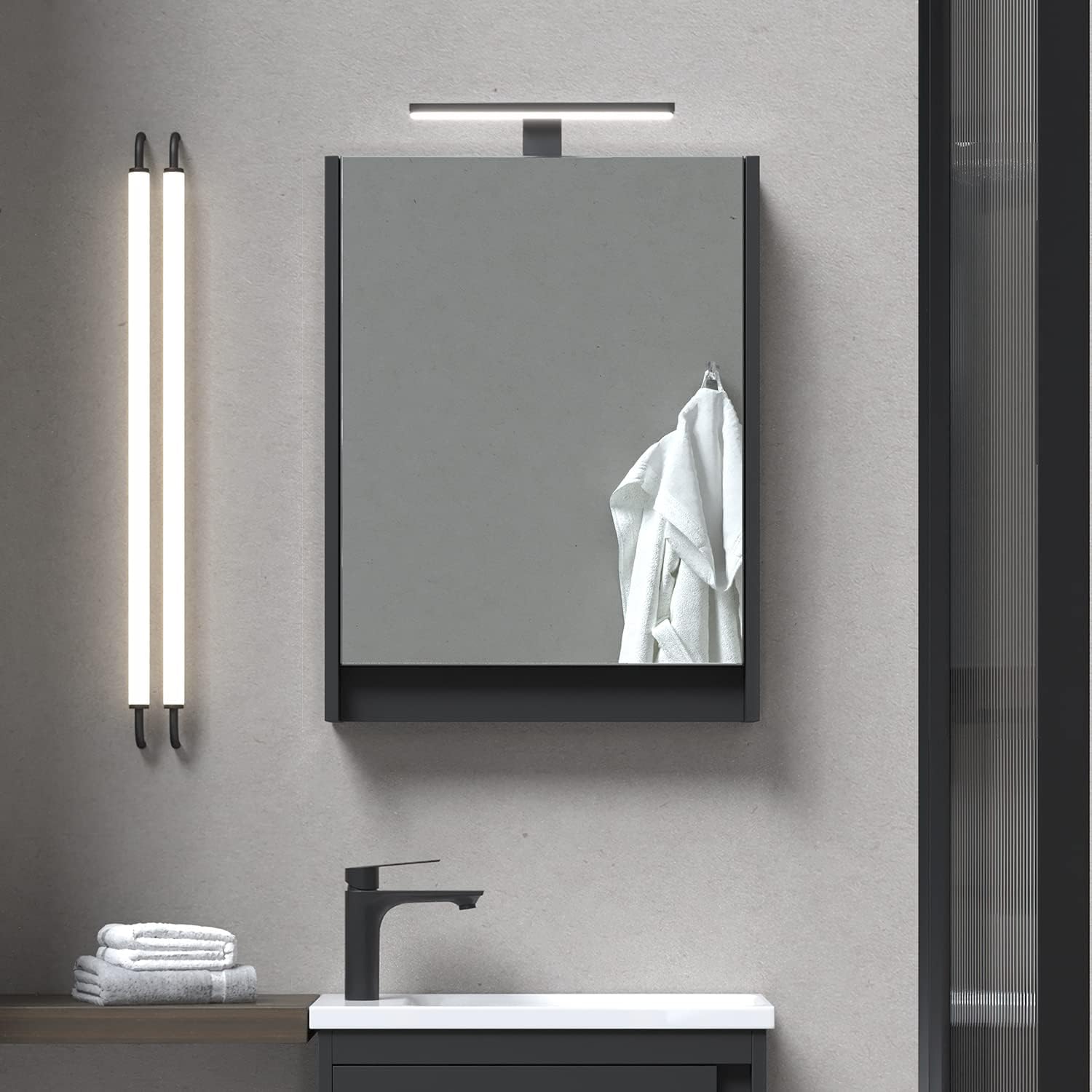 Planetmöbel Spiegelschrank Bad mit Beleuchtung 50 x 65 x 11,4 cm, schwarz matt, Badezimmerschrank mit Spiegel und LED Aufbauleuchte
