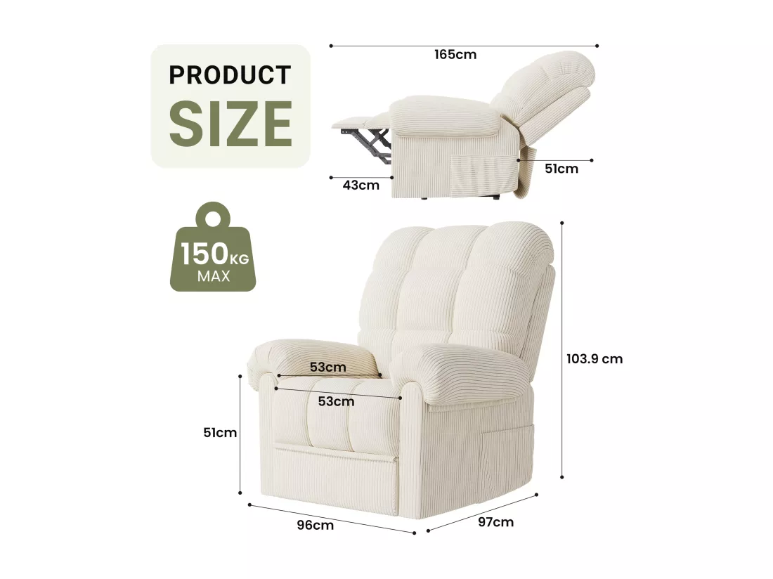 Fauteuil Relax Fauteuil électrique en Velours Côtelé,Fauteuil à loisirs Réglable avec USB,Dossier Réglable,Anti-statique avec Repose Pieds - 96x97x104cm Beige