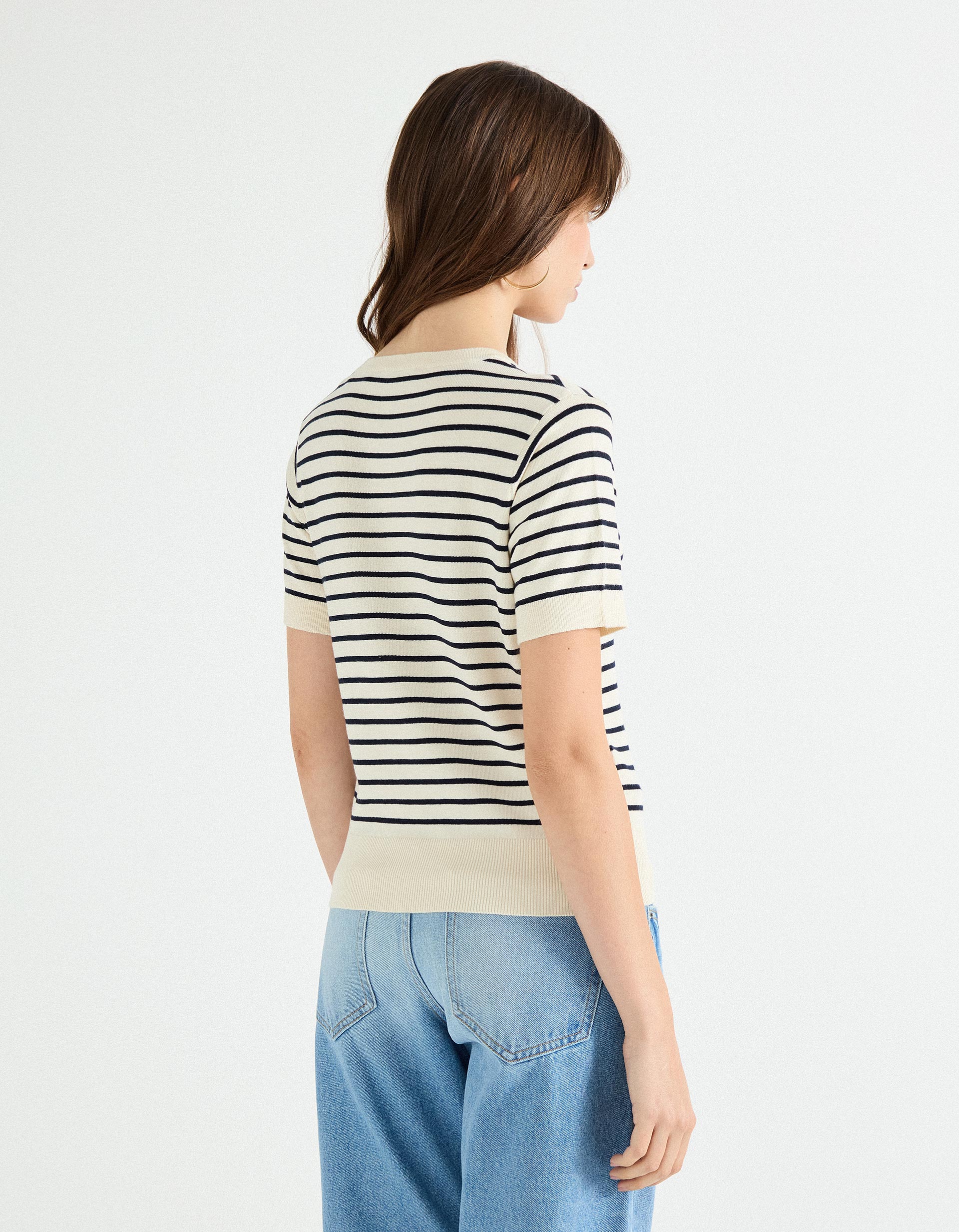 Camisola de Malha às Riscas, Mulher, Bege