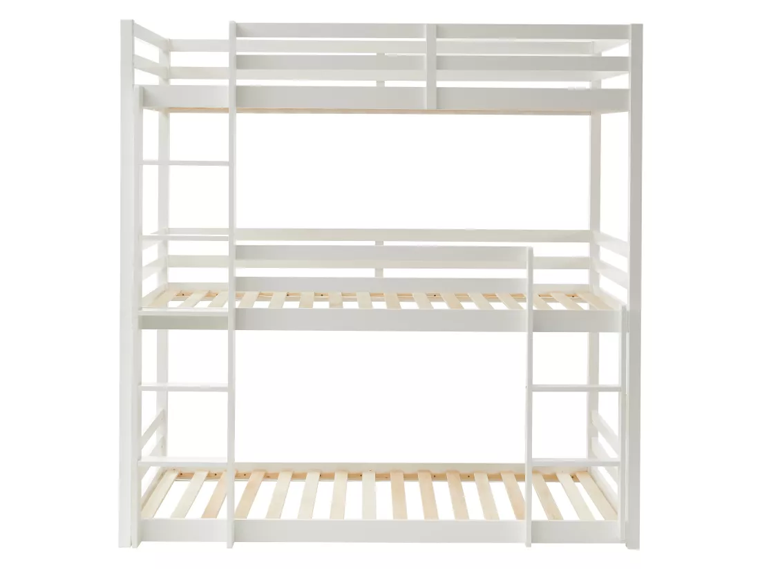Lits superposés triple - 3 x 90 x 200 cm - Pin - Blanc + matelas - VAGAR