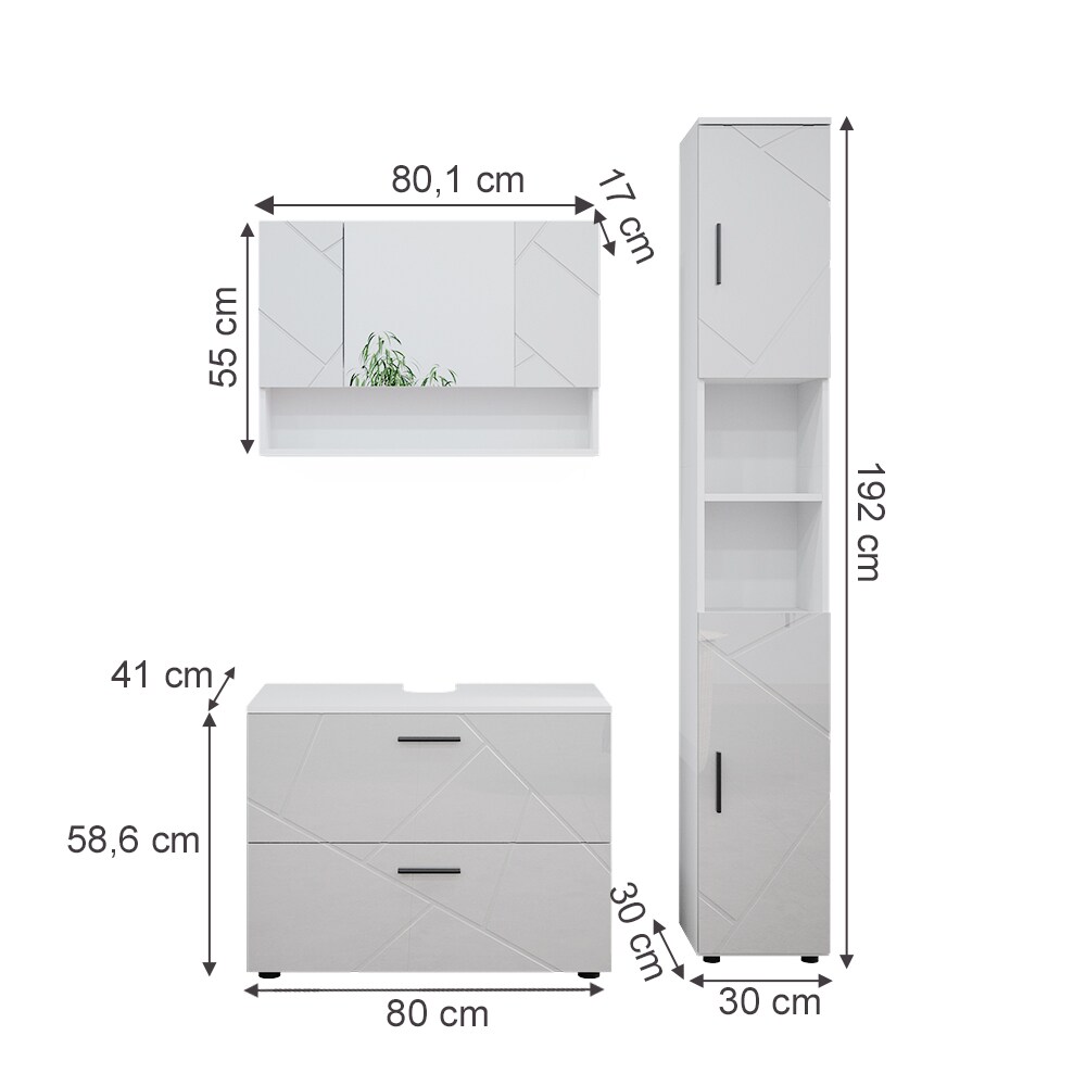 Vicco Badmöbelset Irma Weiß Hochglanz modern 80 cm 30 cm Badezimmerschrank Badschrank Badezimmermöbel Waschtischunterschrank Spiegelschrank Hochschrank Schranktür Schrankfach Schrankschublade