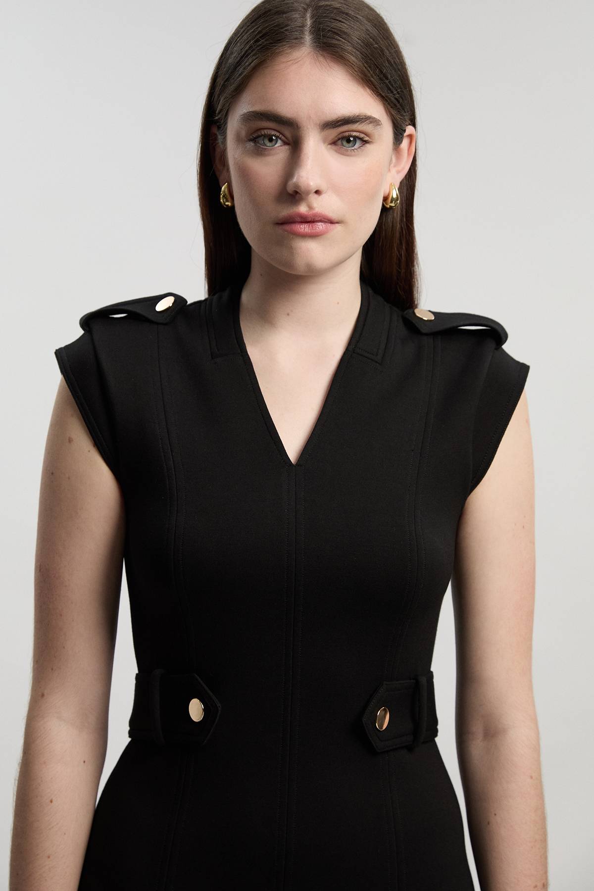 KarenMillen Robe Mi-Longue Ponte à Col V avec Détails Patte