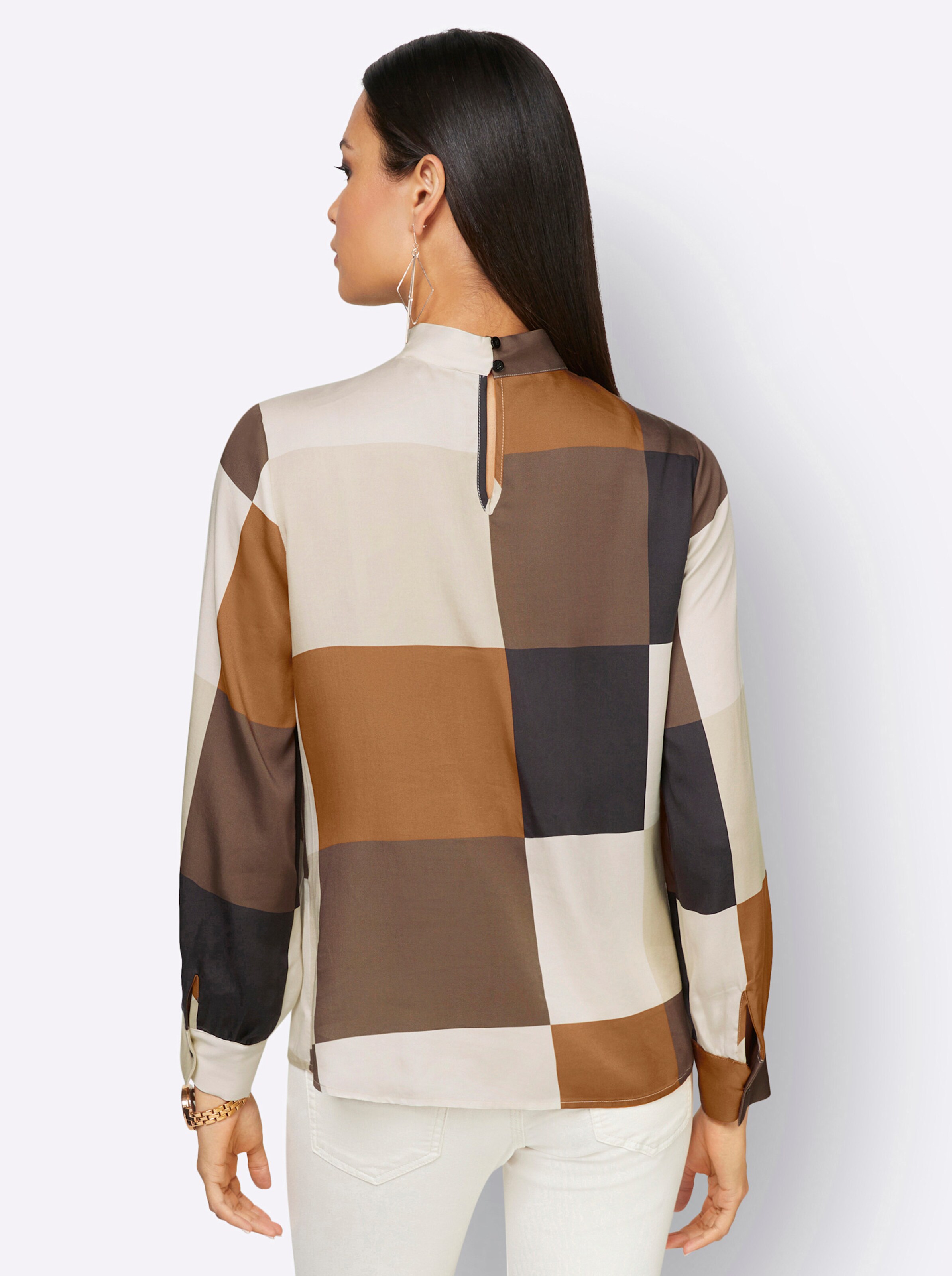 Satinbluse in champagner-cognac-bedruckt