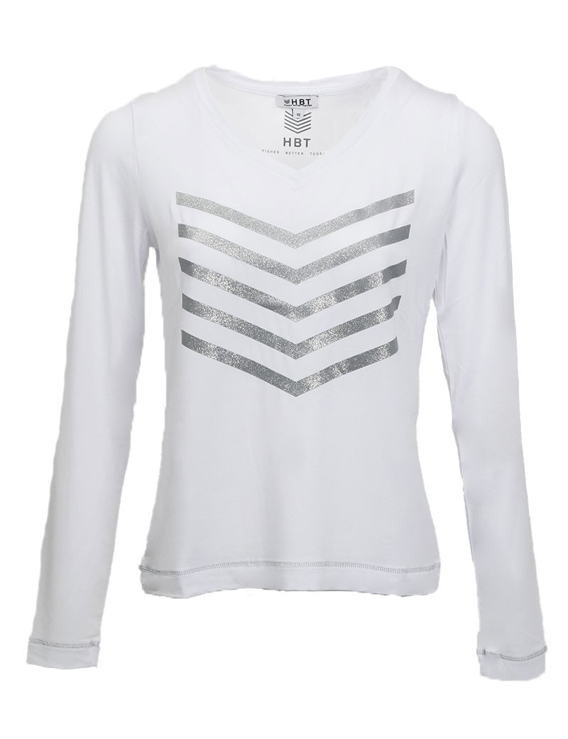 HBT BASICS - JUSTINE T-SHIRT MANCHES LONGUES MODAL CHEVRONS BLANC/ARGENTÉE