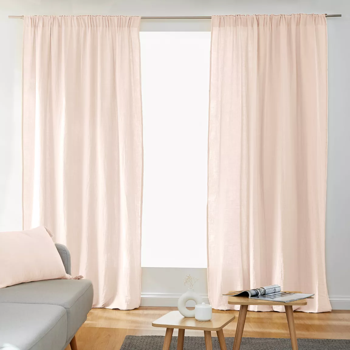 Rideau gaze de coton galon fronceur (180 x 240 cm) Gaïa Rose poudré