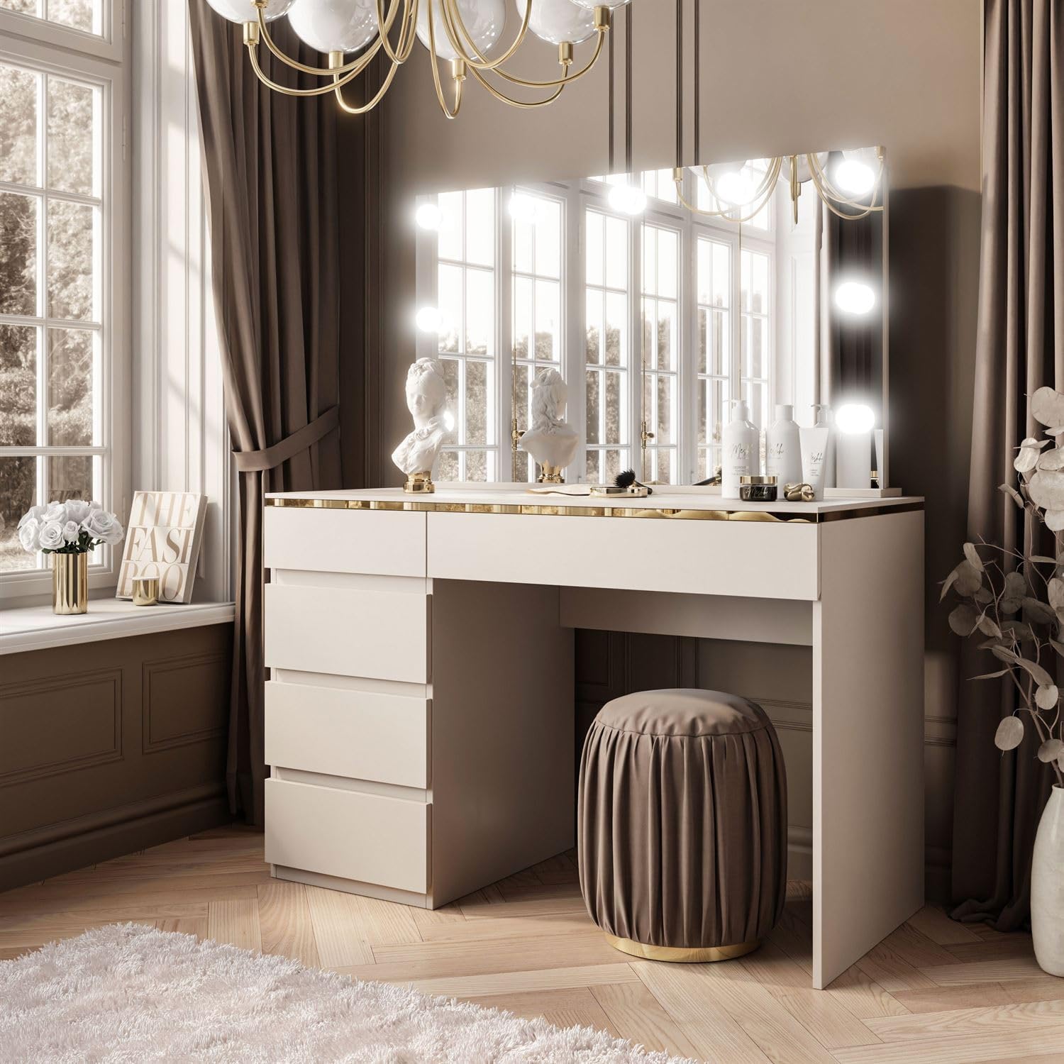 Lookway Schminktisch Aurora II Elite Kaschmir Matt, LED-Spiegel, Schubladen, Luxuriöses Design