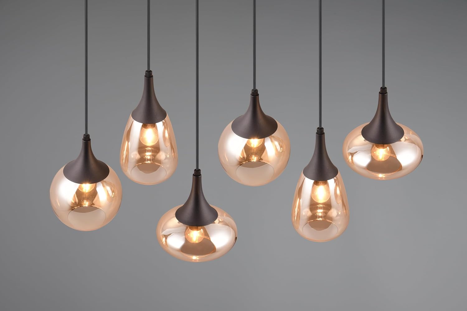 Trio Leuchten Pendelleuchte Lumina 317000613, Metall Schwarz matt, Glas amber, exkl. 6x E14, Bernsteinfarben