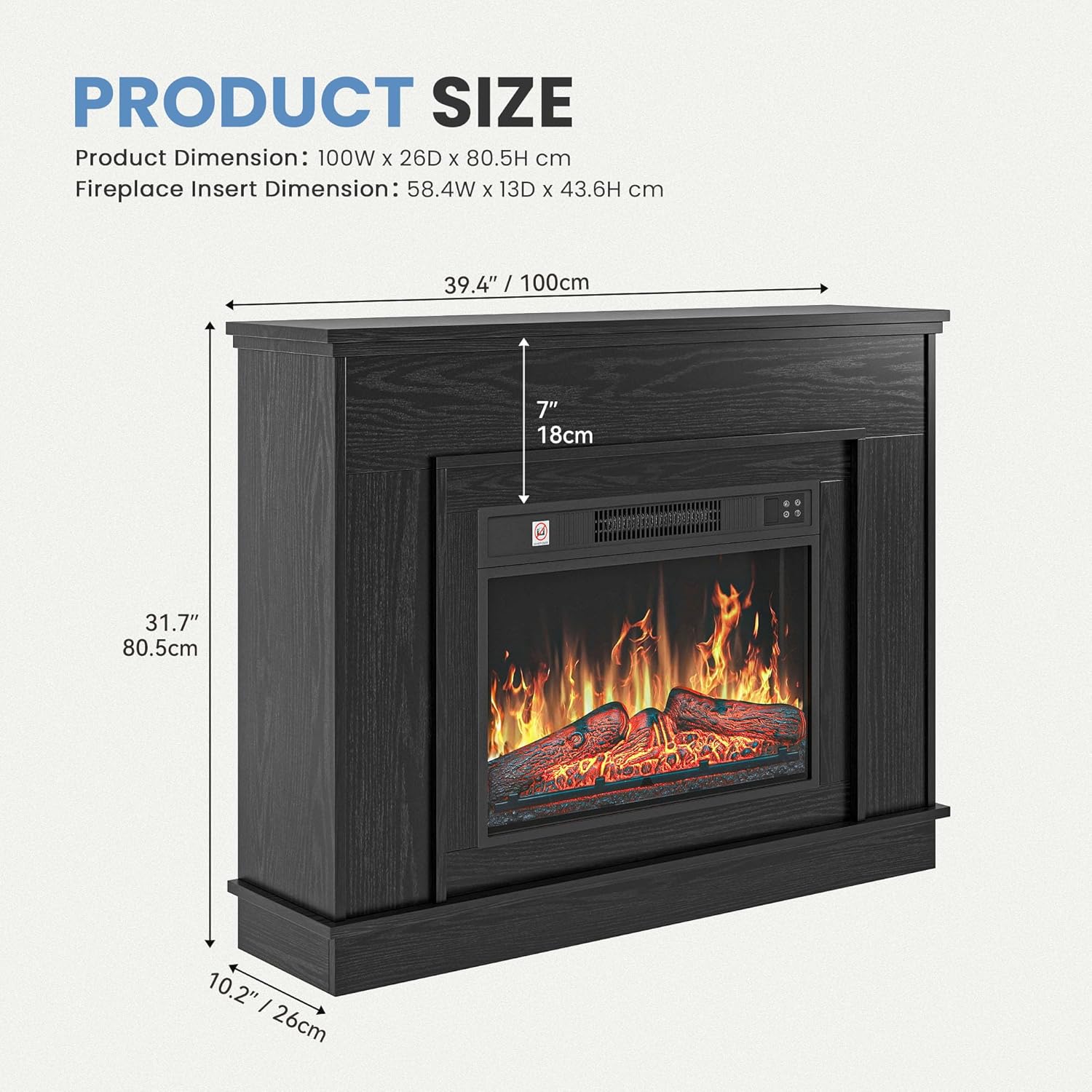 TAUS Elektrokamin mit Heizung, Elektro Kamin mit LED 3D-Flammeneffekt Elektrischer Kamin Standkamin mit LED-Ambientelicht, Timer, Thermostat, Fernbedienung (Schwarz)
