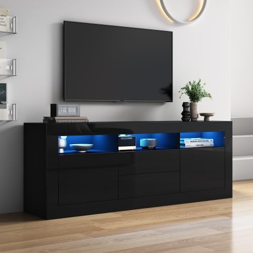 Merax TV Schrank Lowboard 160 cm mit Hochglanz-Optik, LED-Beleuchtung, Push-to-Open Schubladen, 3 offene Fächer & Stauraum für TV bis 70 Zoll – Modernes Wohnzimmer Möbel