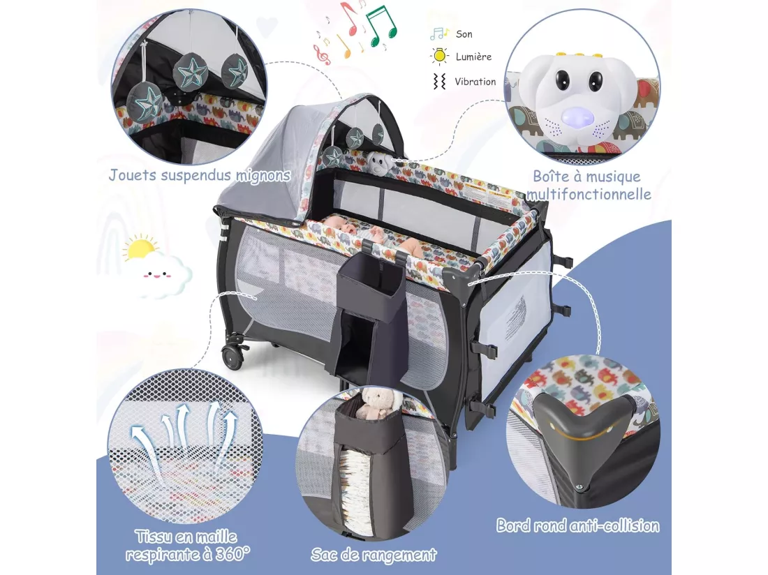 5 en 1 Lit Parapluie Bébé avec Matelas & Moustiquaire, Lit Bébé Evolutif avec Table à Langer, 3 Jouets Mignons & Boîte à Musique, Sac de Transport, Charge 9kg pour 0-36 Mois, Coloré
