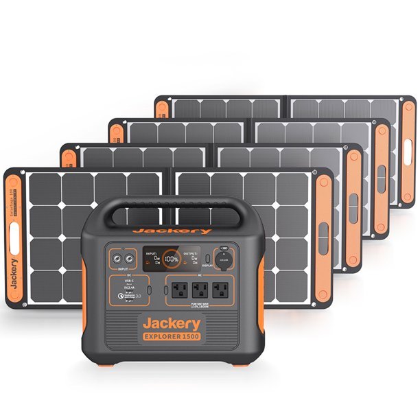 Gerador solar portátil Jackery SG1500 de 1800 watts de potência contínua/3600 watts de potência de pico, ano 2023, com 4 painéis solares.