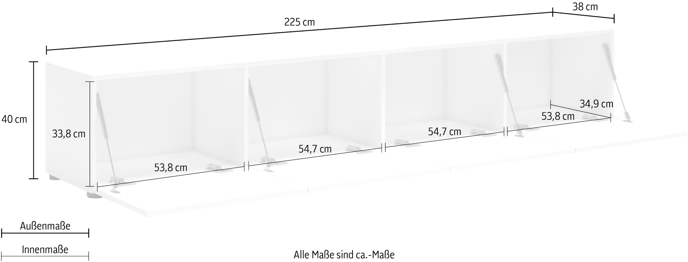 INOSIGN Lowboard »Mister, TV-Board, TV-Bank, TV-Kommode, TV-Möbel« mit 4 Klappen, komplett Hochglanz Lackiert, Breite 225 cm