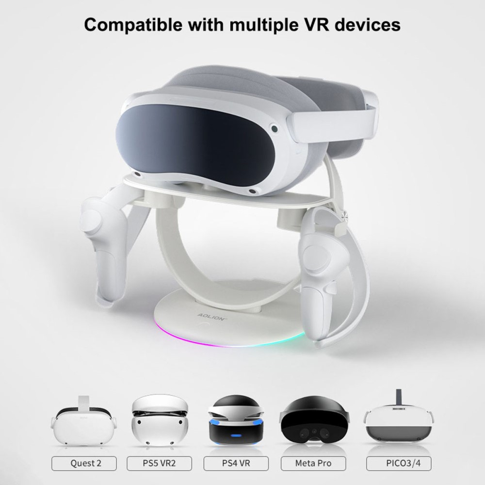3in1 Meta Quest / Oculus Quest 2 Halterung für VR Brille / Controller   Kopfhörer mit RGB LED - Weiss