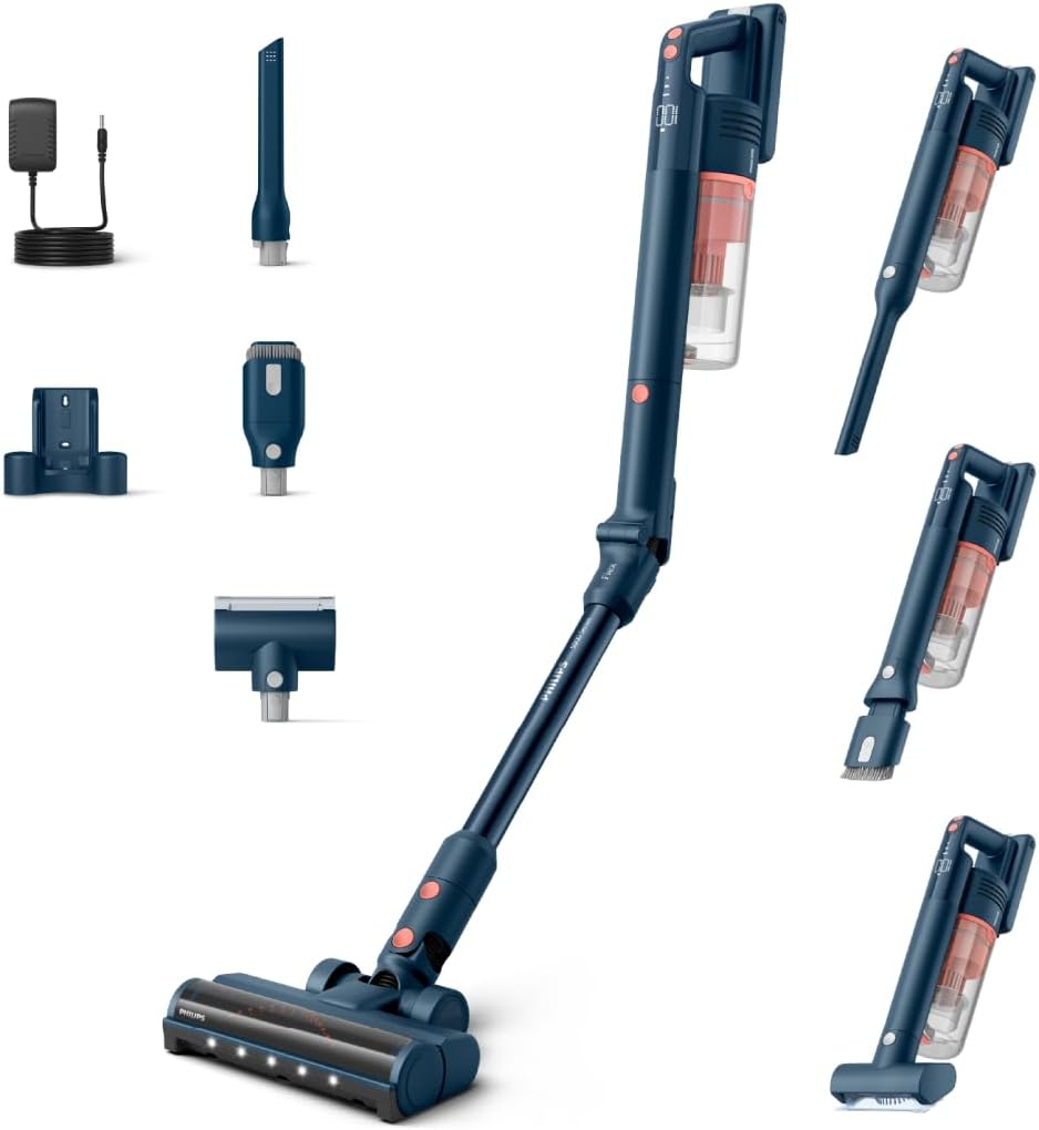 Philips SpeedPro Max Kabelloser Staubsauger 5000 Series Flex, Leistungsstarke Saugkraft, 60 Min. Laufzeit, Düse mit LED-Beleuchtung, Tierhaar-Düse, Fugendüse & Kombi-Zubehör, inkl. Display (XC5243/10)
