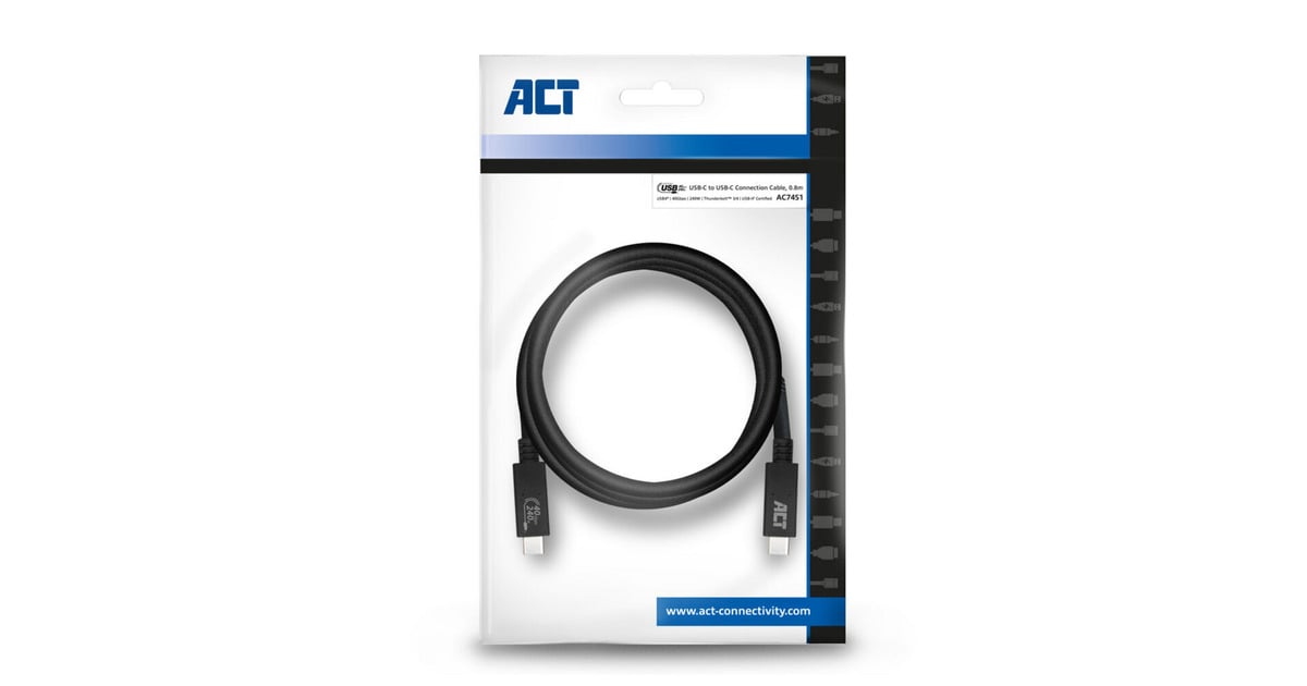 ACT ConnectivityUSB4 40Gbps kabel, USB-C, USB-IF gecertificeerd, 0,8 meter  (Zwart)