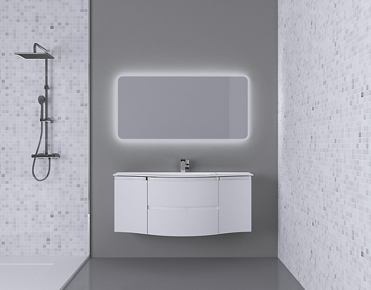 Ensemble Vague L.138 cm meuble sous vasque à suspendre blanc mat + plan vasque central résine blanc