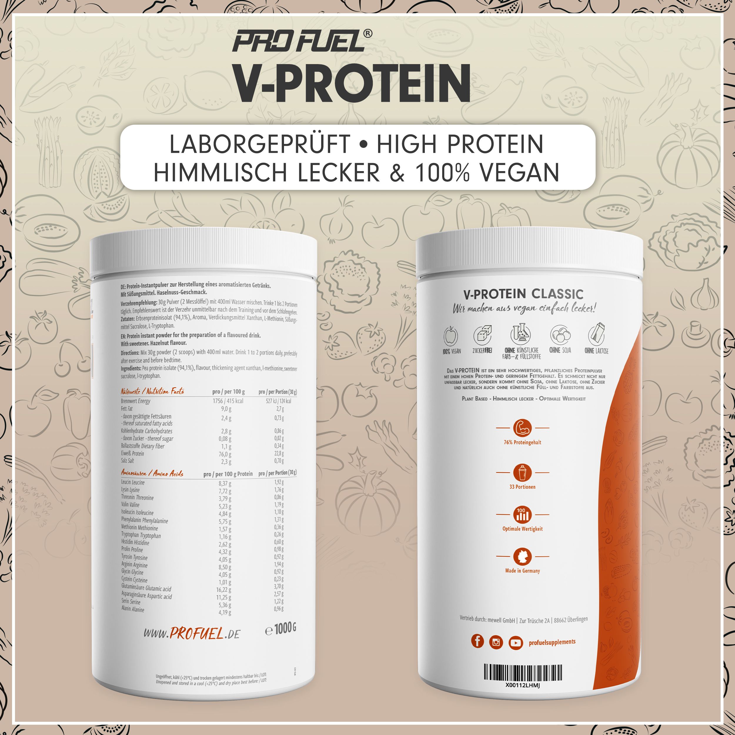 ProFuel - V-PROTEIN Classic - Haselnuss - veganes Proteinpulver mit 76% Protein