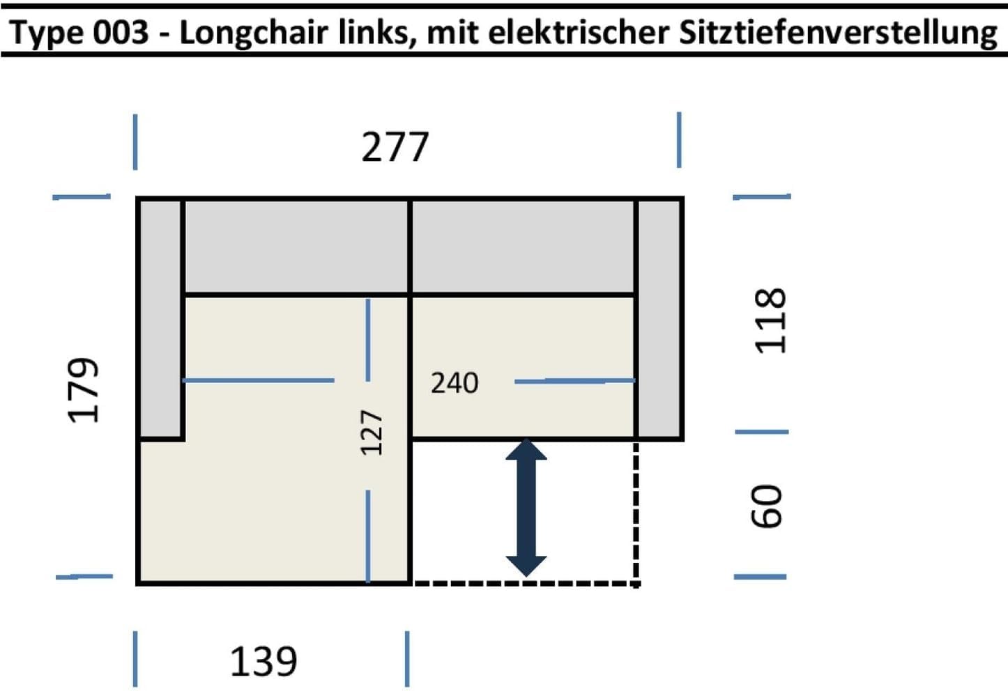 möbelando Wohnlandschaft >Wolve< elektr. Sitzverstellung, 2 Kissen, Cord grau - 277x108x179cm (BxHxT)