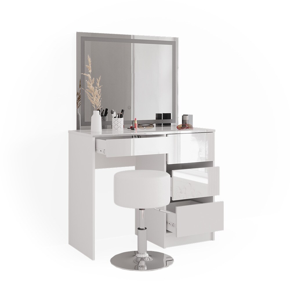 Vicco Schminktisch Sherry 90x75cm, Weiß, Frisiertisch mit Hocker + LED-Spiegel