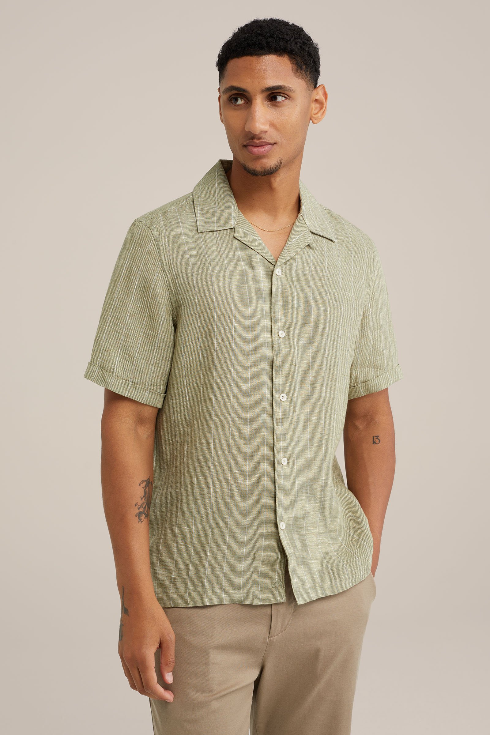 premium korte mouw linen overhemd met streep Van Gils Olijfgroen