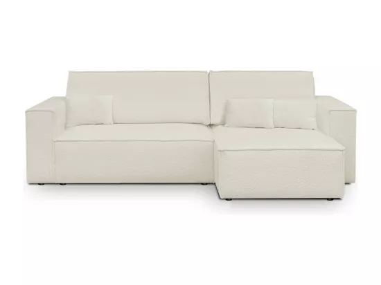 Canapé d'angle convertible réversible 4 places avec coffre de rangement en tissu bouclette écru - Livia