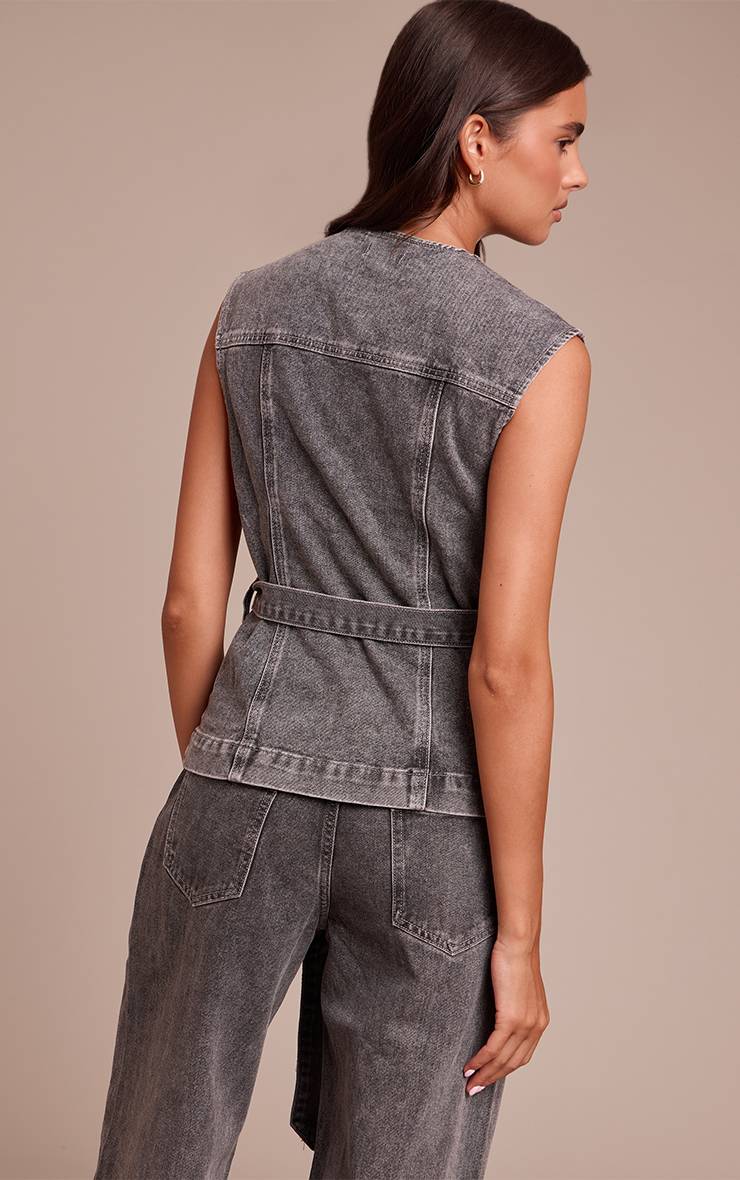 Washed Grey Haut En Denim Col Rond Avec Ceinture Cintrée