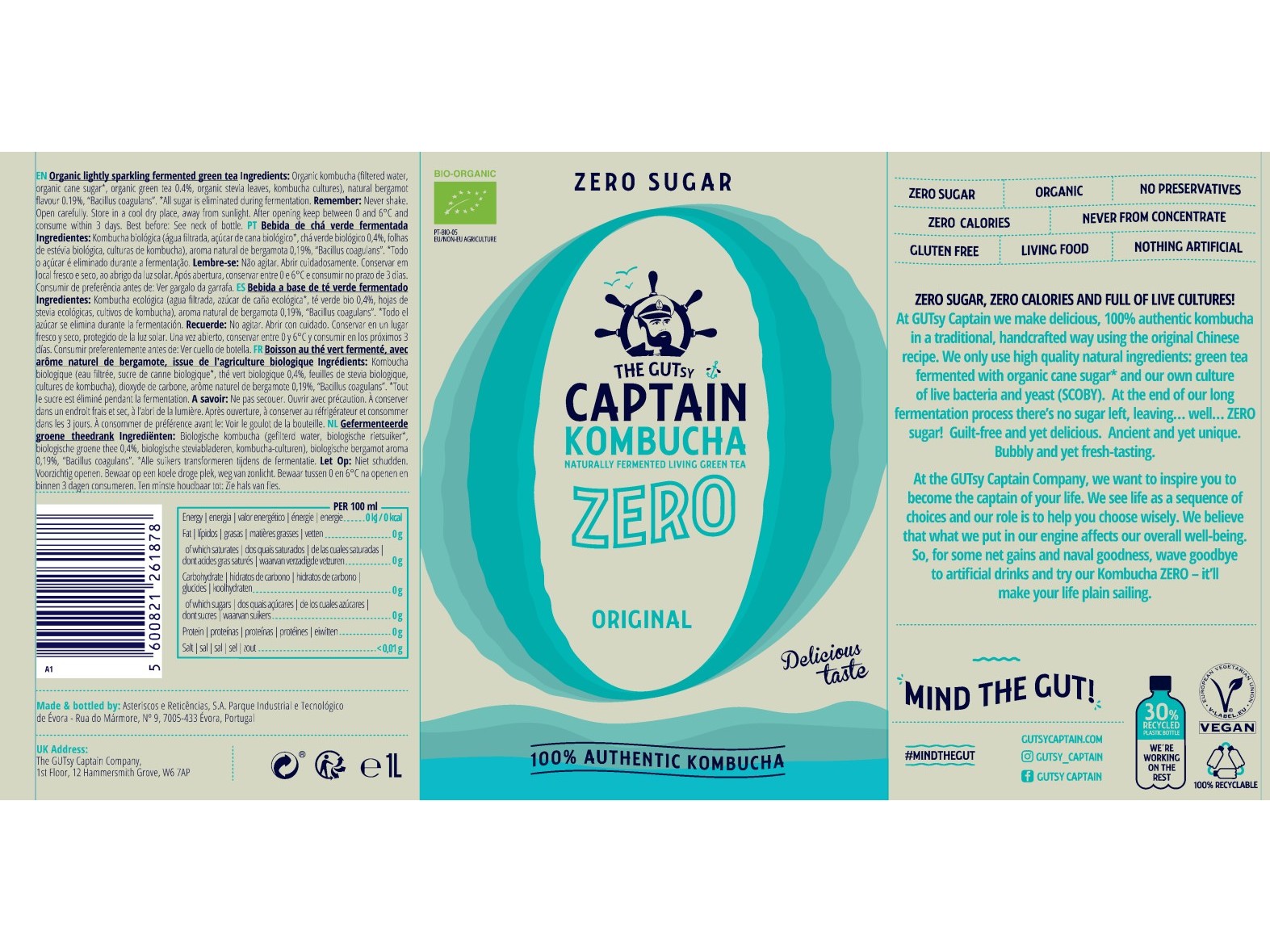 KOMBUCHA THE GUTSY CAPTAIN ORIGNAL 0%AÇÚCARES BIO 1L