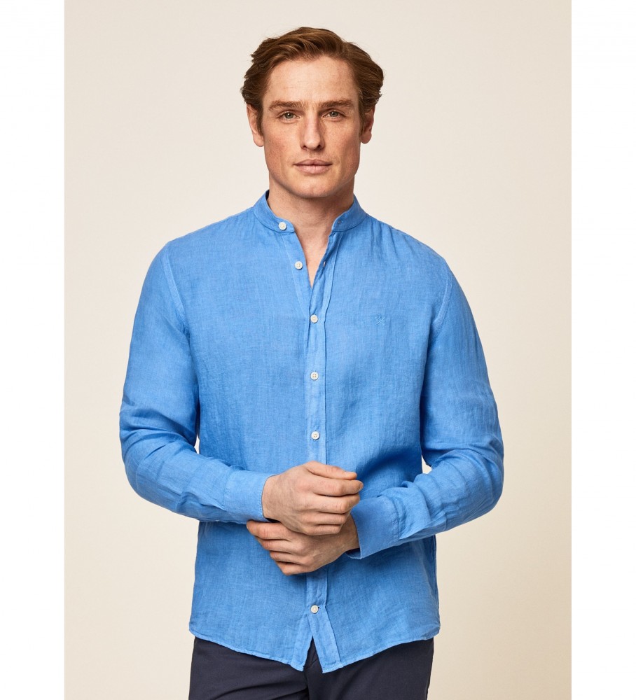 Camisa Hackett P Fit Slim de Linho Azul Escuro
