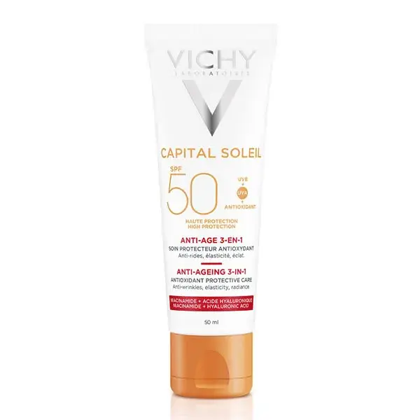 Protetor solar facial antienvelhecimento 3 em 1 Vichy Capital Soleil FPS 50 50ml