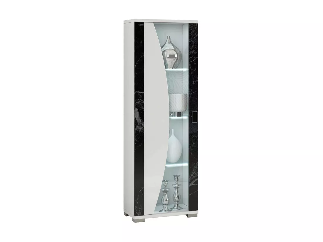 ARIANE - Vitrine 1 Porte Blanc Eclairage Led intégré avec Décor Latéral Aspect Marbre Noir
