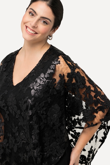 Kleid, Überwurf, Pailletten, V-Ausschnitt, 3/4-Arm