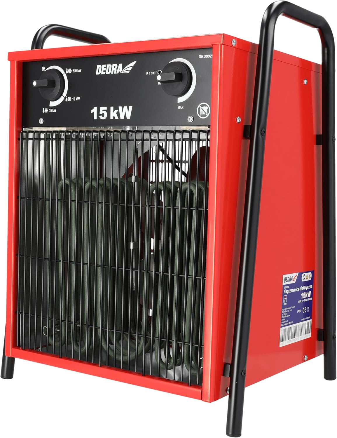 DEDRA Elektro-Lufterhitzer 15 kW, uadratisch, rot, nützlich in geschlossenen Räumen, Thermostat, einstellbare Temperaturregelung, drei Betriebsarten, Metallgehäuse