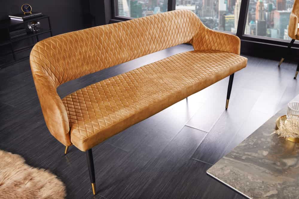 Design Sitzbank PARIS 160cm senfgelb Samt Retro Rückenlehne