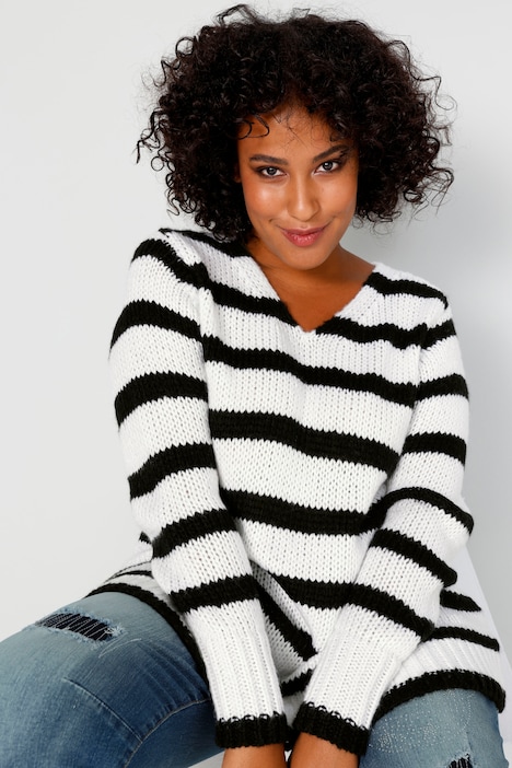 Pullover, oversized, Ringel, V-Ausschnitt, Langarm